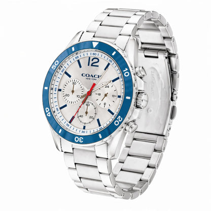 Coach Sullivan 14602085 Men’s Chronograph Watch – White Dial, Blue Bezel, Stainless Steel Strap, 44mm Quartz