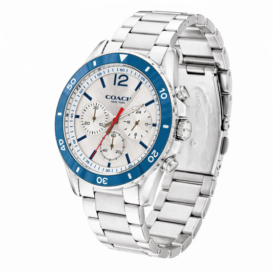 Coach Sullivan 14602085 Men’s Chronograph Watch – White Dial, Blue Bezel, Stainless Steel Strap, 44mm Quartz