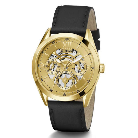 Guess Tailor GW0389G2 Men’s Multifunction Watch – Gold Dial, Black Leather Strap, 42mm Quartz