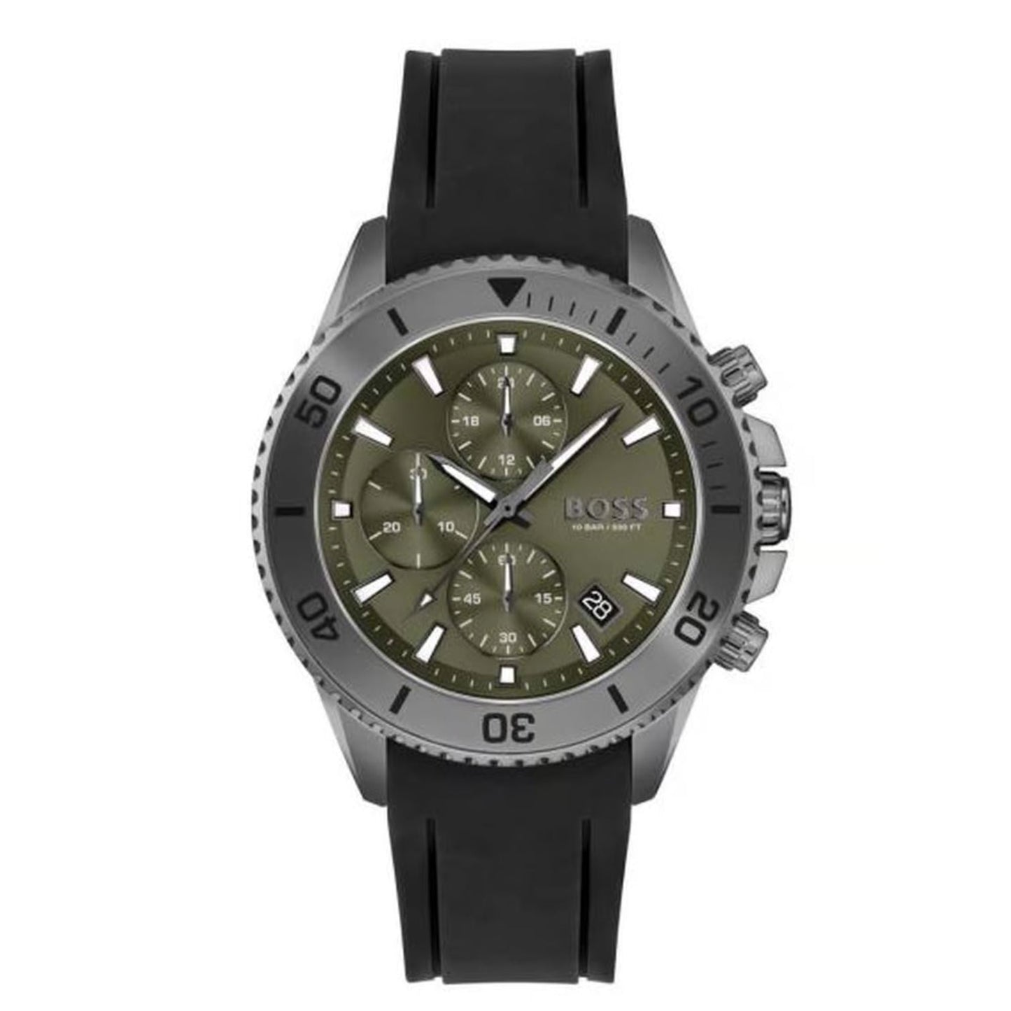 BOSS Admiral 1513967 Green Dial Chronograph Men’s Watch – Black Silicone Strap, 45mm, 100M WR