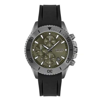 BOSS Admiral 1513967 Green Dial Chronograph Men’s Watch – Black Silicone Strap, 45mm, 100M WR