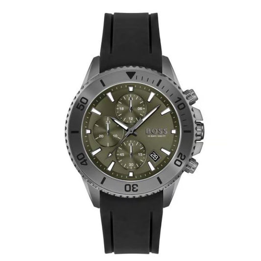 BOSS Admiral 1513967 Green Dial Chronograph Men’s Watch – Black Silicone Strap, 45mm, 100M WR