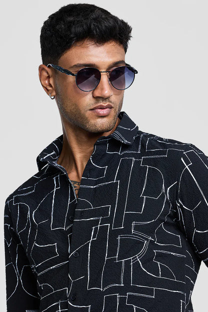 Snitch Men Black Textured Abstract Slim Fit Casual Shirt for Men