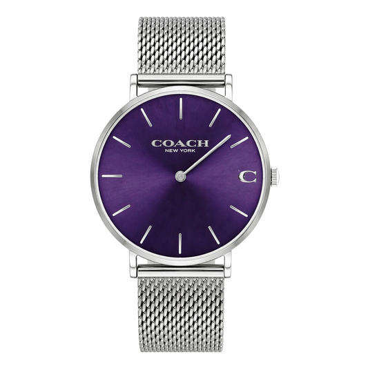 Coach 14602437 Women’s Analog Watch – Purple Sunray Dial, Silver Mesh Strap, 36mm Quartz
