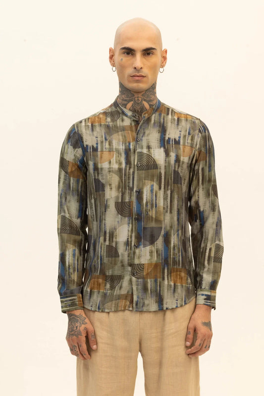 Snitch Men Slim Fit Green Printed Mandarin Collar Casual Shirt