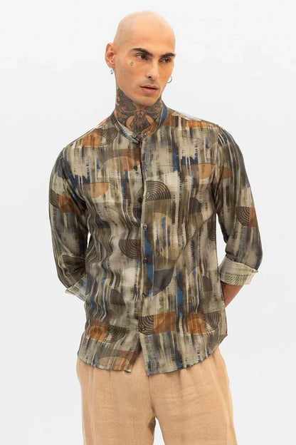 Snitch Men Slim Fit Green Printed Mandarin Collar Casual Shirt
