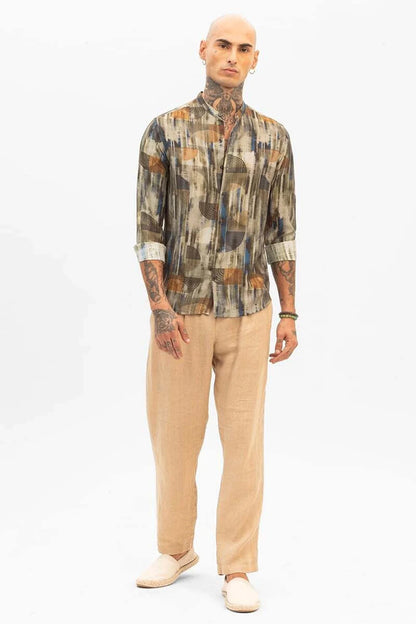 Snitch Men Slim Fit Green Printed Mandarin Collar Casual Shirt