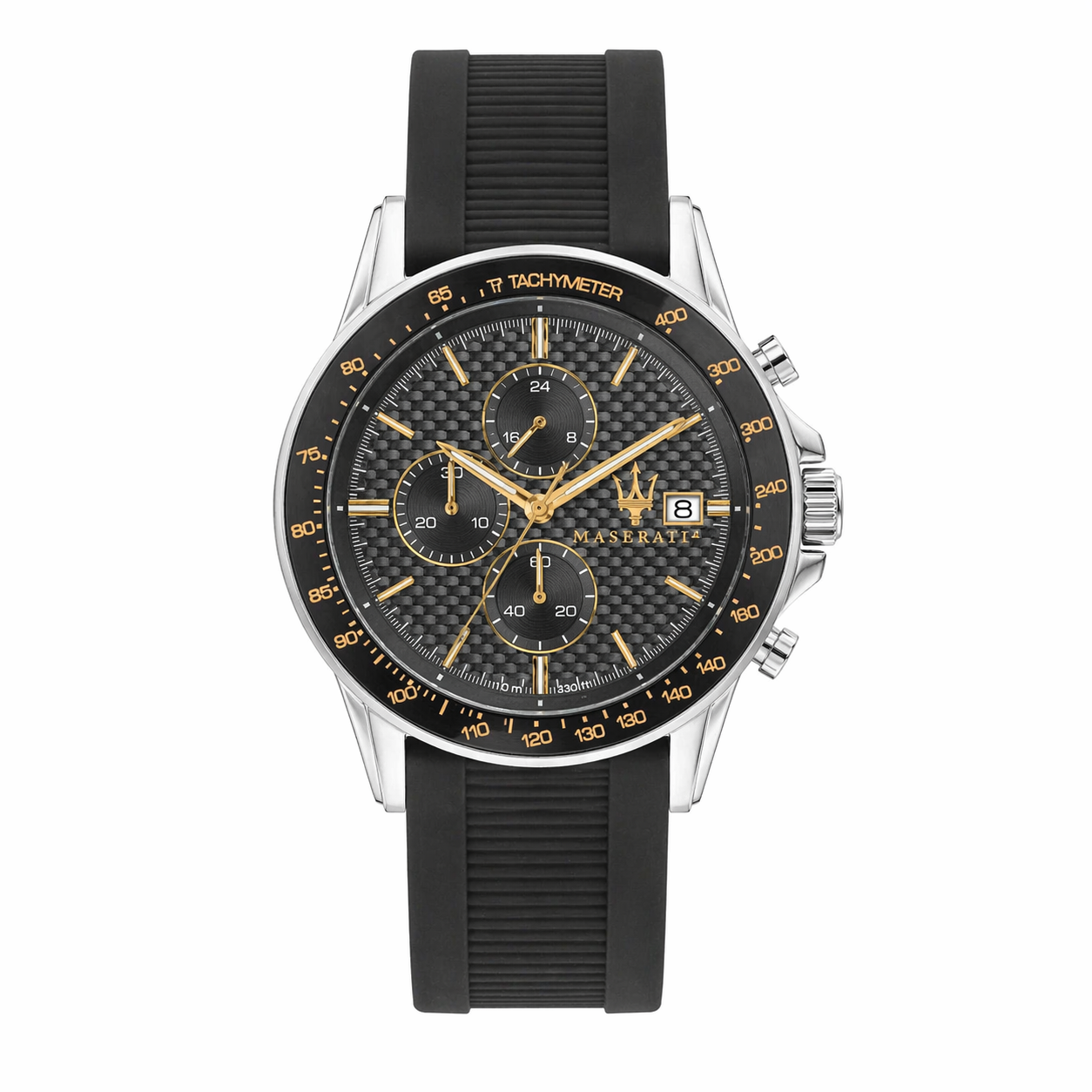 Maserati R8871640005 Men’s Chronograph Watch – Grey Textured Dial, Black Silicone Strap, Tachymeter Bezel, 44mm Quartz