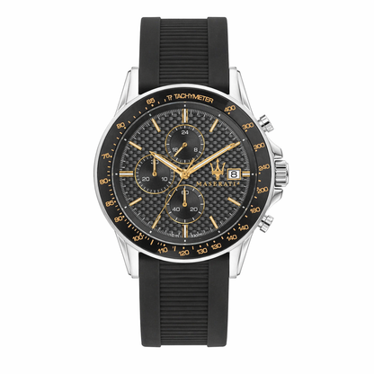 Maserati R8871640005 Men’s Chronograph Watch – Grey Textured Dial, Black Silicone Strap, Tachymeter Bezel, 44mm Quartz
