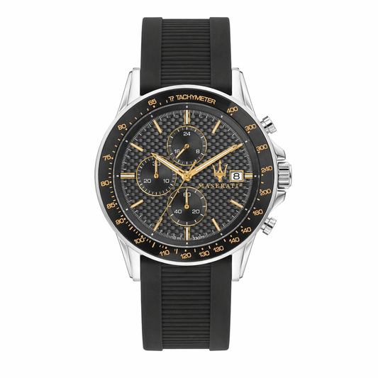 Maserati R8871640005 Men’s Chronograph Watch – Grey Textured Dial, Black Silicone Strap, Tachymeter Bezel, 44mm Quartz
