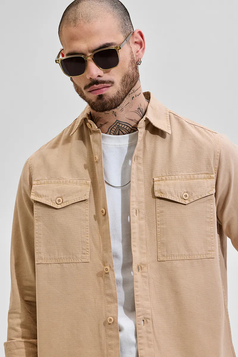 Snitch Beige Double Pocket Relaxed Fit Denim Shirt for Men