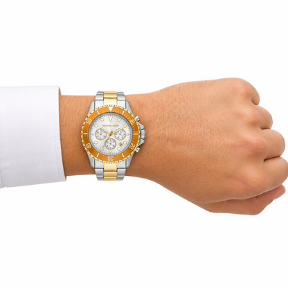 Michael Kors Everest MKO1183 Men’s Chronograph Watch – Orange Bezel, Silver Dial, Two-Tone Stainless Steel Strap, 44mm Quartz