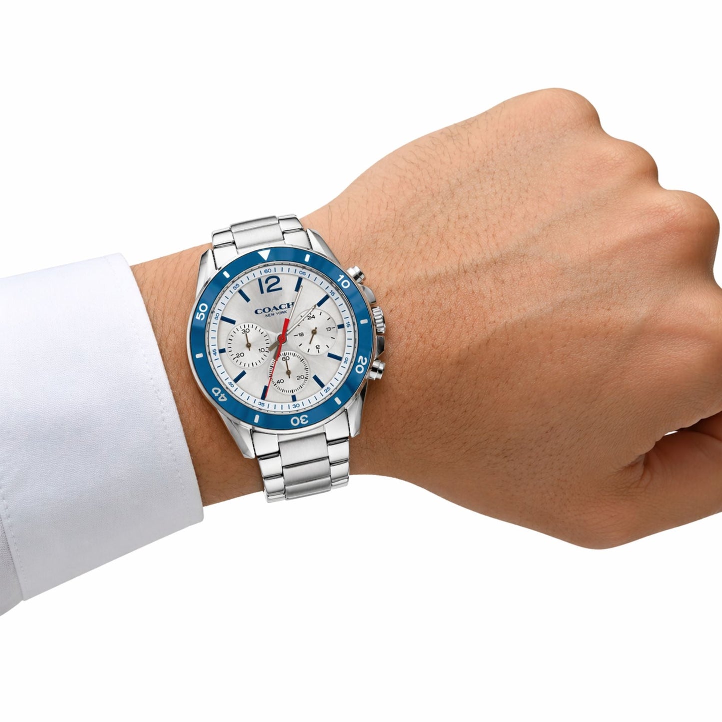 Coach Sullivan 14602085 Men’s Chronograph Watch – White Dial, Blue Bezel, Stainless Steel Strap, 44mm Quartz