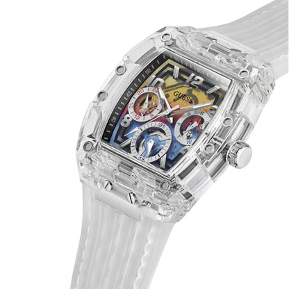 GUESS GW0499G3 Trend Men’s Watch | Rainbow Dial Transparent Case Silicone Strap | 41.5mm Analog Multi-Function Watch