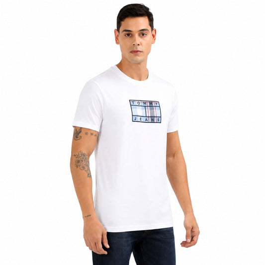 TOMMY HILFIGER Men Checkered Round Neck T-Shirt - White
