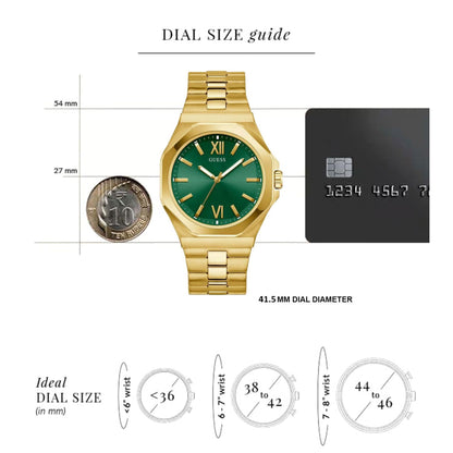 Guess Emperor GW0849G2 Men’s Analog Watch – Green Dial, Gold Stainless Steel Strap, 42mm Quartz