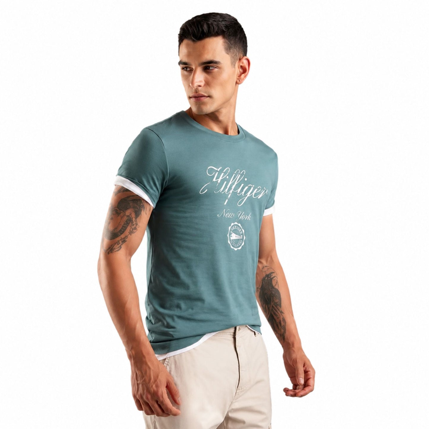 TOMMY HILFIGER Printed Men Crew Neck Cotton T-Shirt - Green