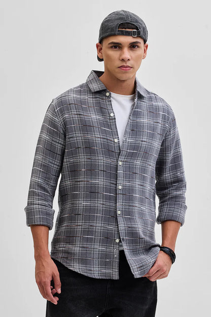 Snitch Grey Slub Textured Checks Shirt for Men