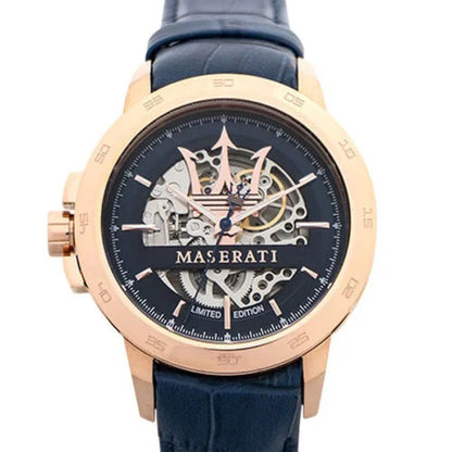 Maserati R8821119005 Automatic Men’s Watch | Skeleton Dial | Blue Leather Strap | Rose Gold-Tone Stainless Steel Luxury Timepiece