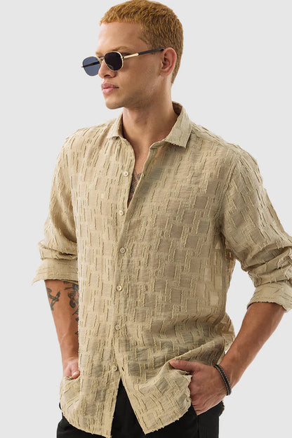 Snitch Men Beige Textured Slim Fit Luxe Casual Shirt for Men