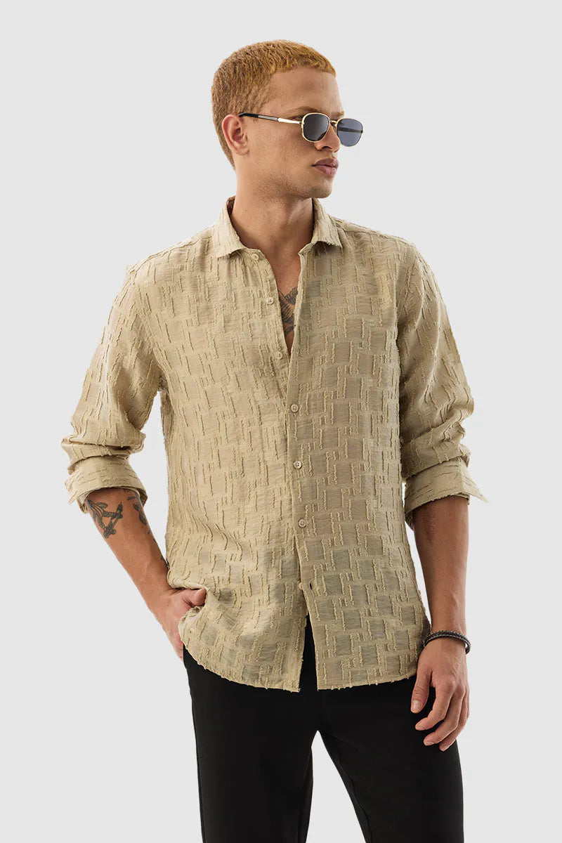 Snitch Men Beige Textured Slim Fit Luxe Casual Shirt for Men