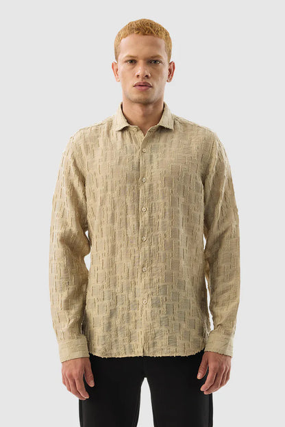 Snitch Men Beige Textured Slim Fit Luxe Casual Shirt for Men