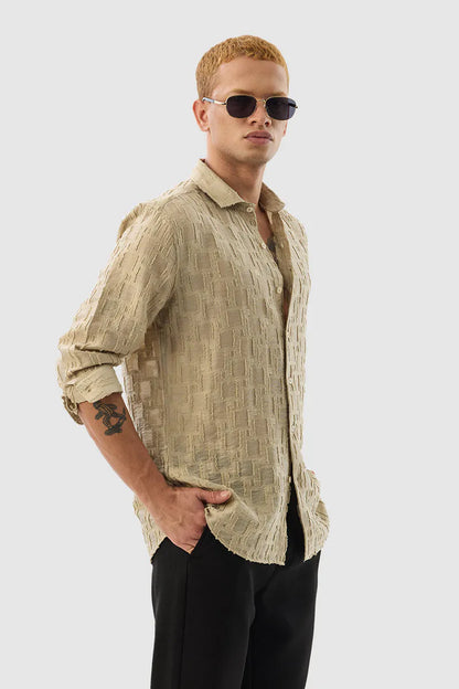 Snitch Men Beige Textured Slim Fit Luxe Casual Shirt for Men