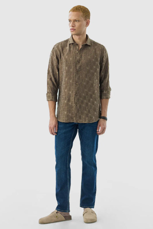 Snitch Brown Textured Slim Luxe Fit Shirt for Men