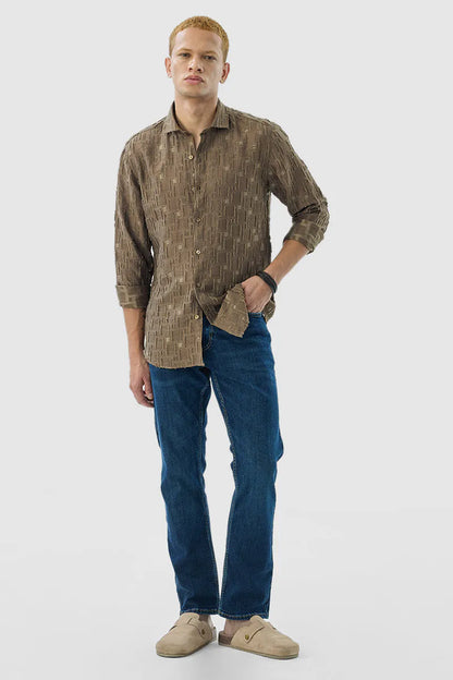 Snitch Brown Textured Slim Luxe Fit Shirt for Men