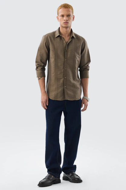 Snitch Men Brown Self-Design Slim Fit Luxe Casual Shirt for Men