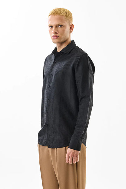 Snitch Men Black Textured Slim Fit Luxe Casual Shirt for Men