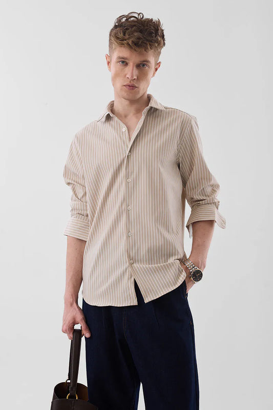 Snitch Men Beige Striped Slim Fit Luxe Casual Shirt for Men