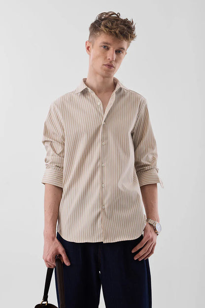 Snitch Men Beige Striped Slim Fit Luxe Casual Shirt for Men