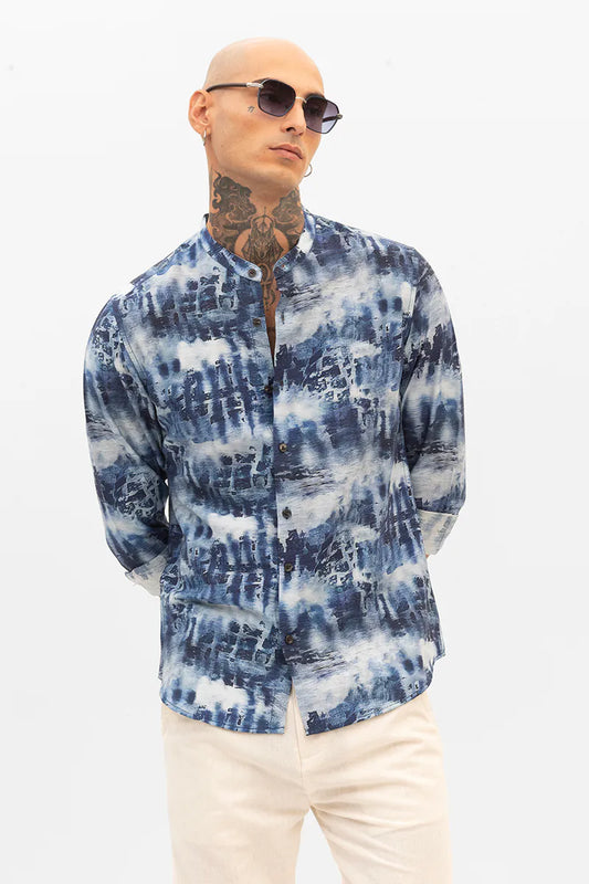 Snitch Dark Blue Slim Fit Abstract Shirt for Men