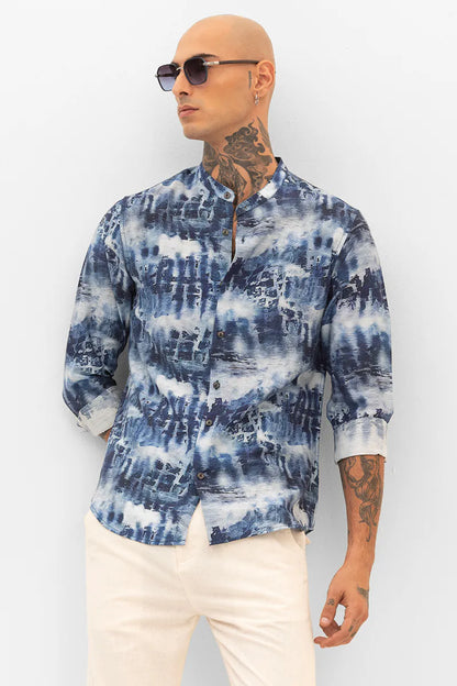 Snitch Dark Blue Slim Fit Abstract Shirt for Men