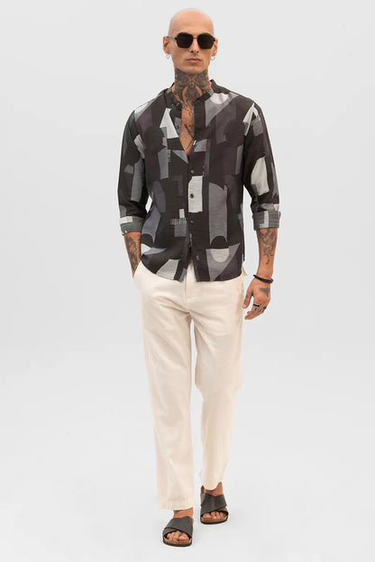 Snitch Black Abstract Mandarin Shirt for Men