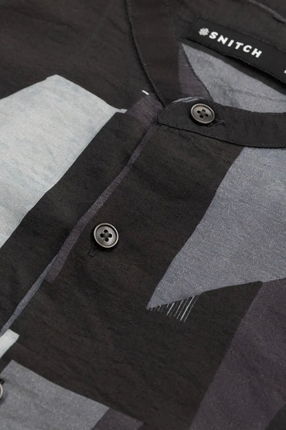 Snitch Black Abstract Mandarin Shirt for Men