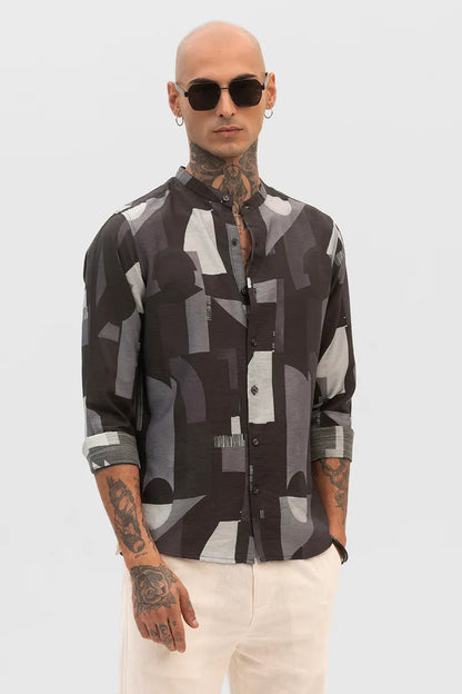 Snitch Black Abstract Mandarin Shirt for Men