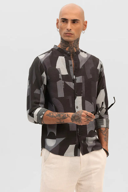 Snitch Black Abstract Mandarin Shirt for Men