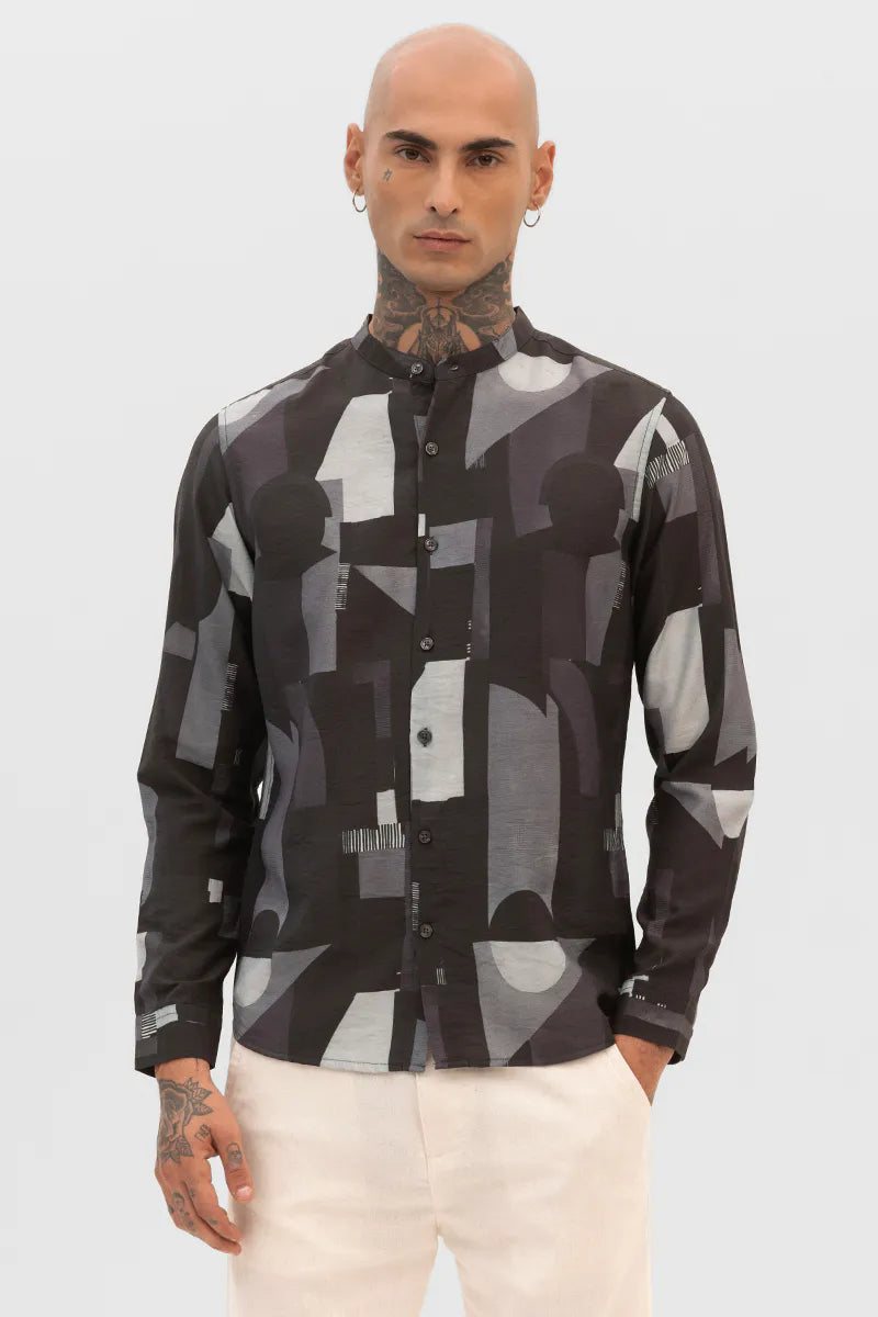 Snitch Black Abstract Mandarin Shirt for Men