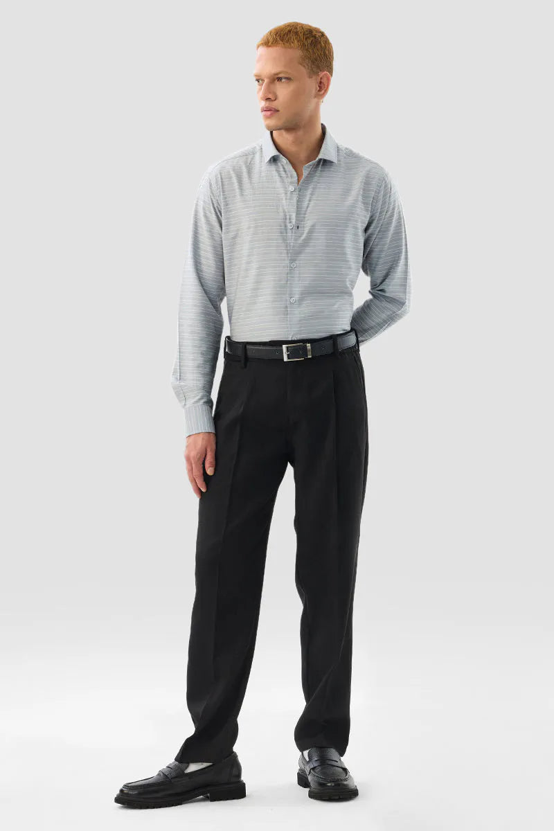 Snitch Men Light Grey Striped Slim Fit Casual Shirt