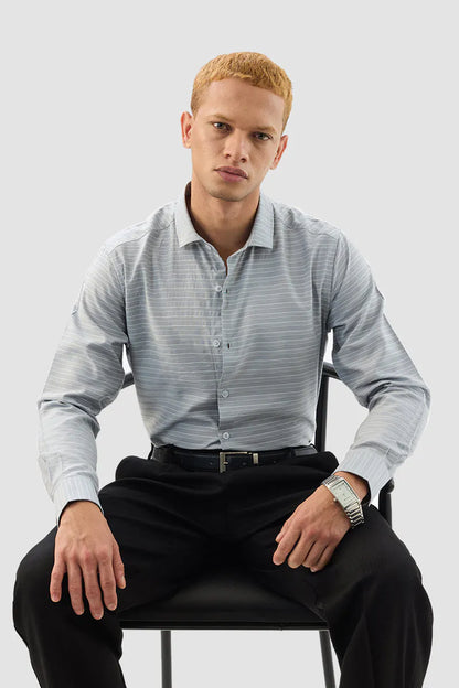 Snitch Men Light Grey Striped Slim Fit Casual Shirt