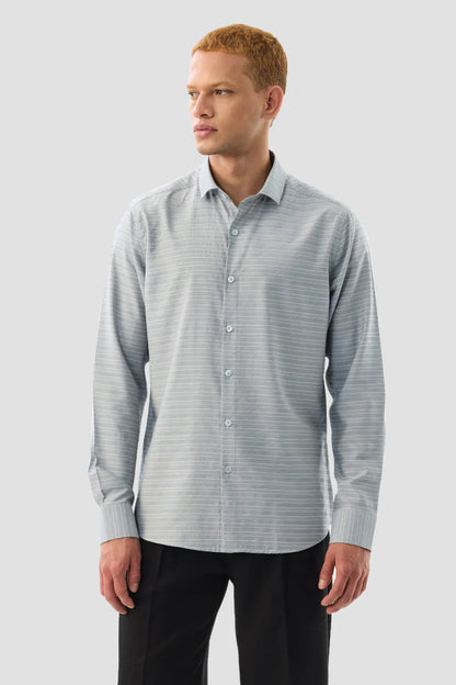 Snitch Men Light Grey Striped Slim Fit Casual Shirt