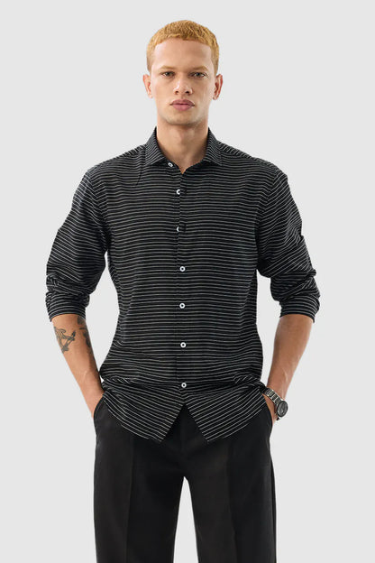Snitch Men Black Striped Slim Fit Casual Shirt for Everyday Style
