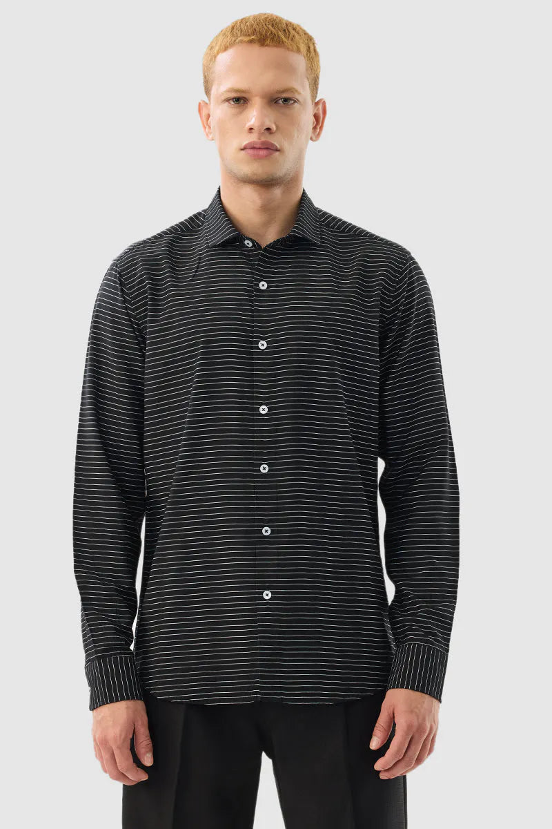 Snitch Men Black Striped Slim Fit Casual Shirt for Everyday Style
