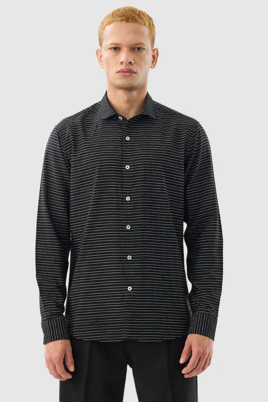 Snitch Men Black Striped Slim Fit Casual Shirt for Everyday Style