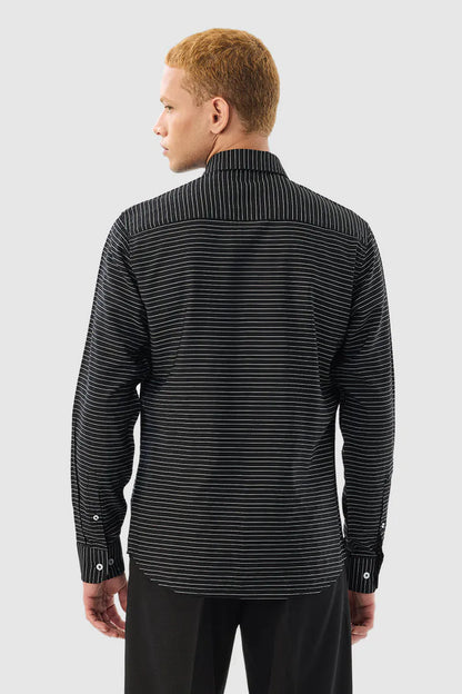 Snitch Men Black Striped Slim Fit Casual Shirt for Everyday Style