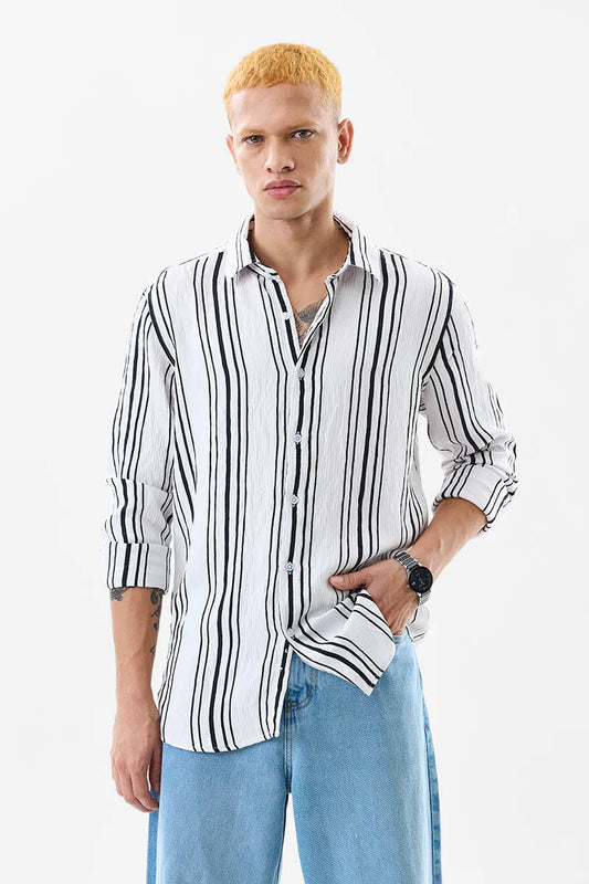 Snitch Men Slim Fit White Striped Casual Shirt