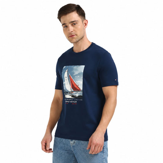 TOMMY HILFIGER Sailboat Print Regular Fit T-Shirt - Navy