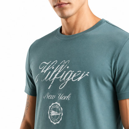 TOMMY HILFIGER Printed Men Crew Neck Cotton T-Shirt - Green